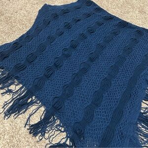 Knit blue poncho shawl scarf with fringe